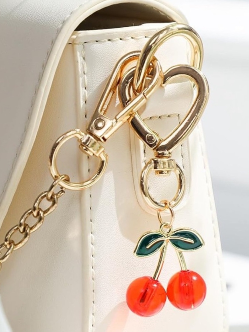 NEW Resin Cherry Bag Charm/ Keychain Gold Heart Clip Red Cheries